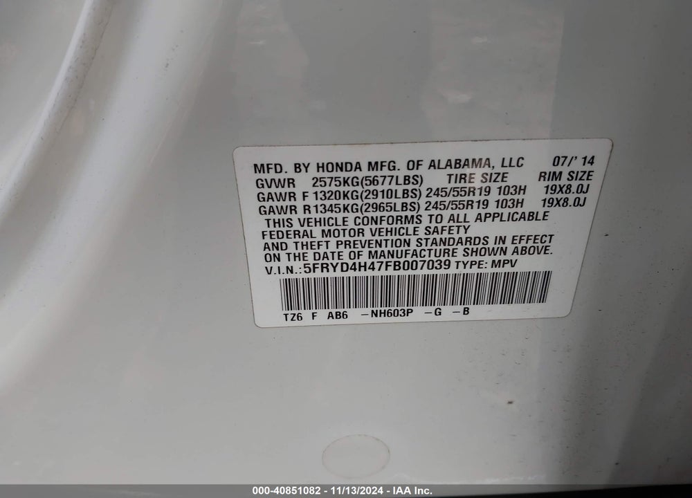 2015 ACURA MDX VIN: 5FRYD4H47FB007039