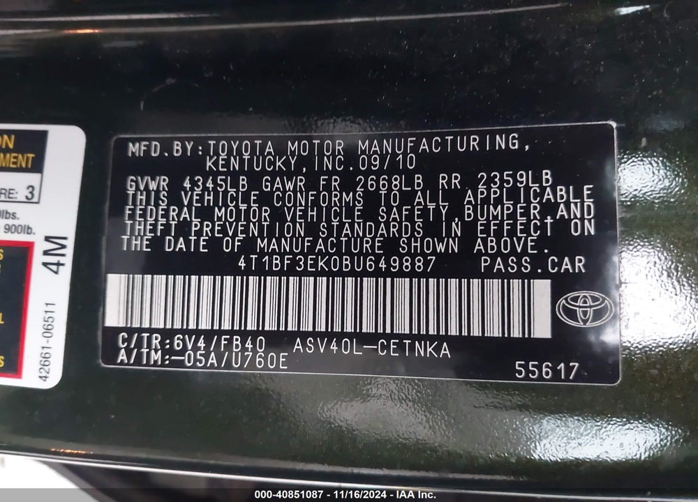 2011 TOYOTA CAMRY LE VIN: 4T1BF3EK0BU649887