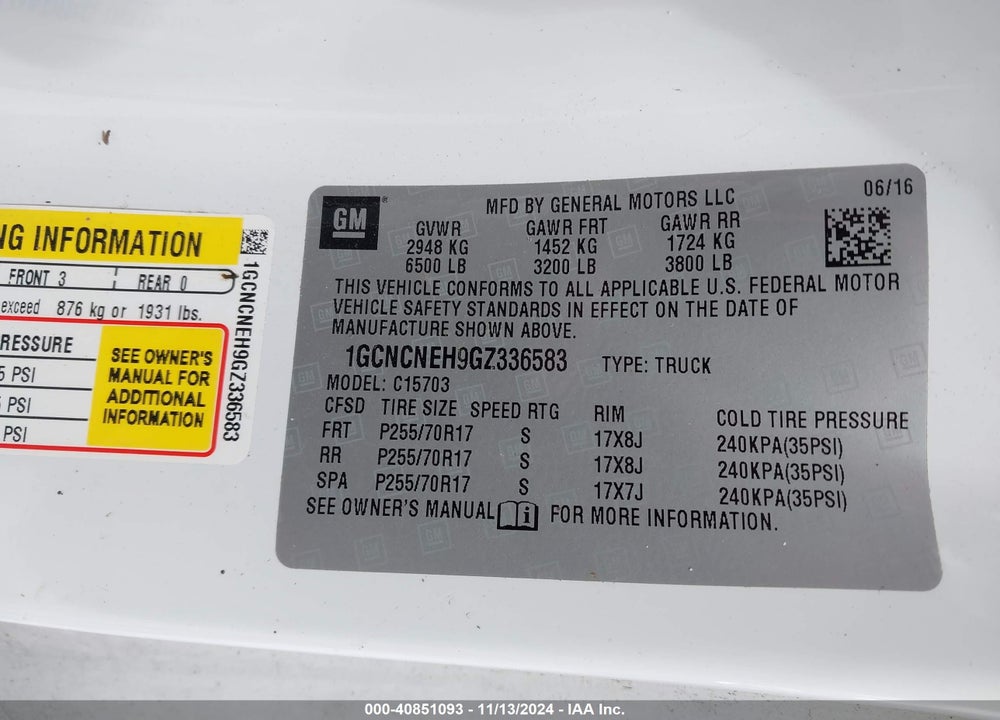 2016 CHEVROLET SILVERADO 1500 WT VIN: 1GCNCNEH9GZ336583