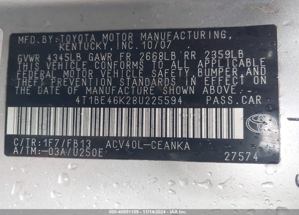 2008 TOYOTA CAMRY LE VIN: 4T1BE46K28U225594