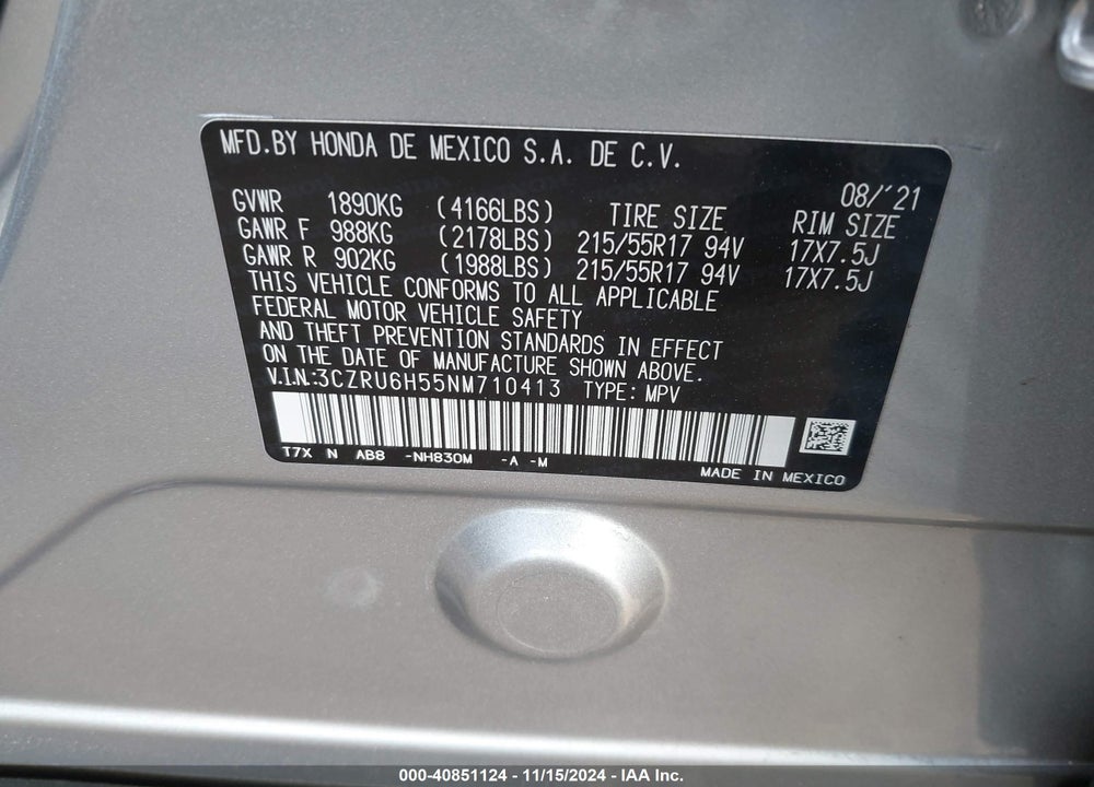 2022 HONDA HR-V AWD EX VIN: 3CZRU6H55NM710413