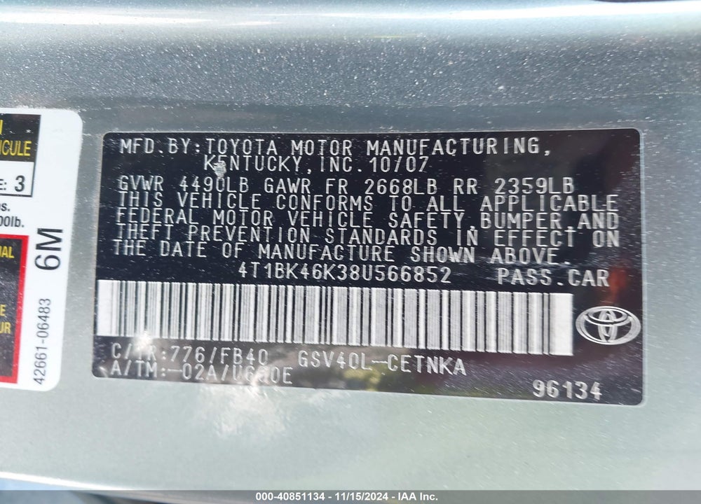 2008 TOYOTA CAMRY LE V6 VIN: 4T1BK46K38U566852