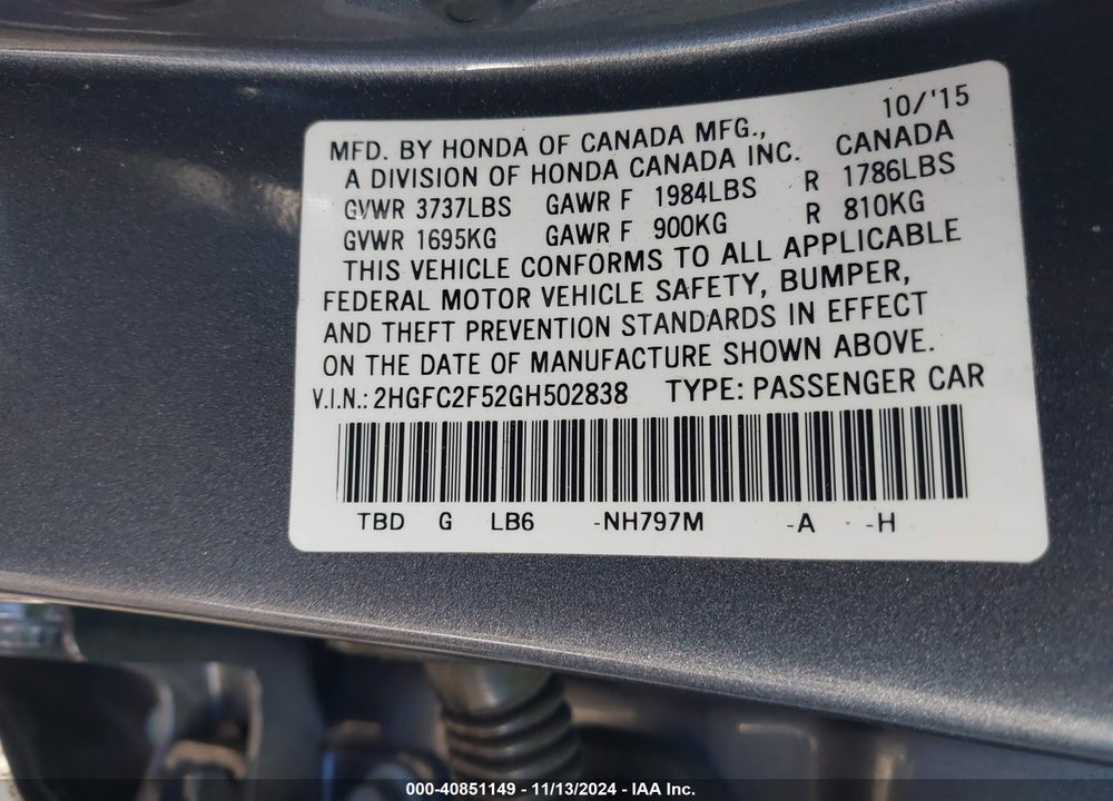 2016 HONDA CIVIC VIN: 2HGFC2F52GH502838