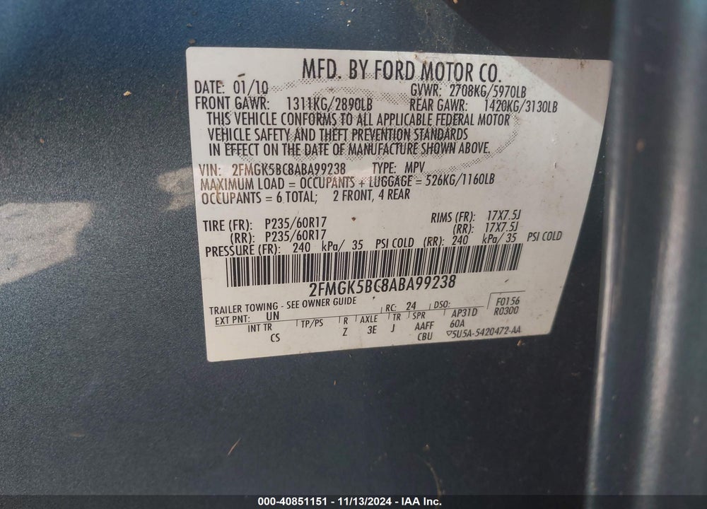 2010 FORD FLEX SE VIN: 2FMGK5BC8ABA99238