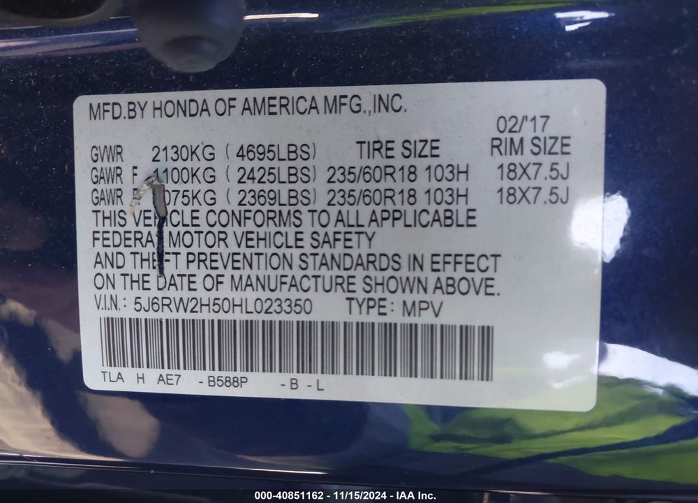 2017 HONDA CR-V EX VIN: 5J6RW2H50HL023350