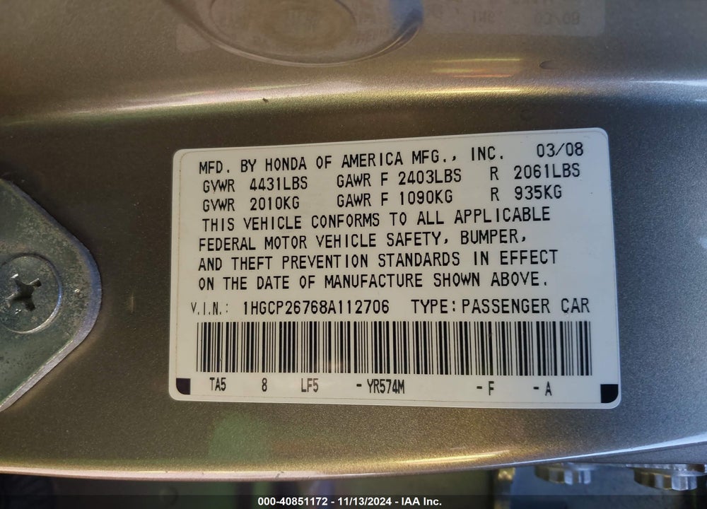 2008 HONDA ACCORD 2.4 EX VIN: 1HGCP26768A112706