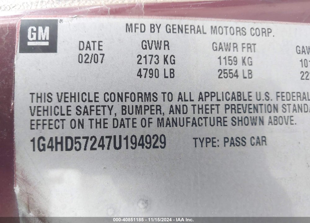 2007 BUICK LUCERNE CXL VIN: 1G4HD57247U194929