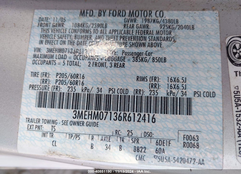 2006 MERCURY MILAN V6 VIN: 3MEHM07136R612416