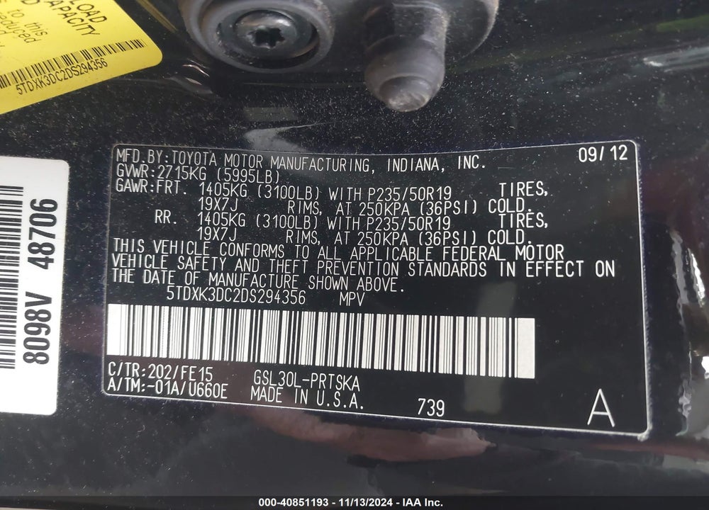 2013 TOYOTA SIENNA SE 8 PASSENGER VIN: 5TDXK3DC2DS294356