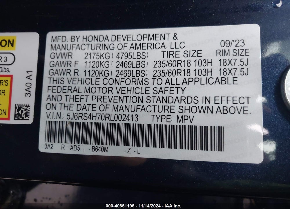 2024 HONDA CR-V EX-L AWD VIN: 5J6RS4H70RL002413