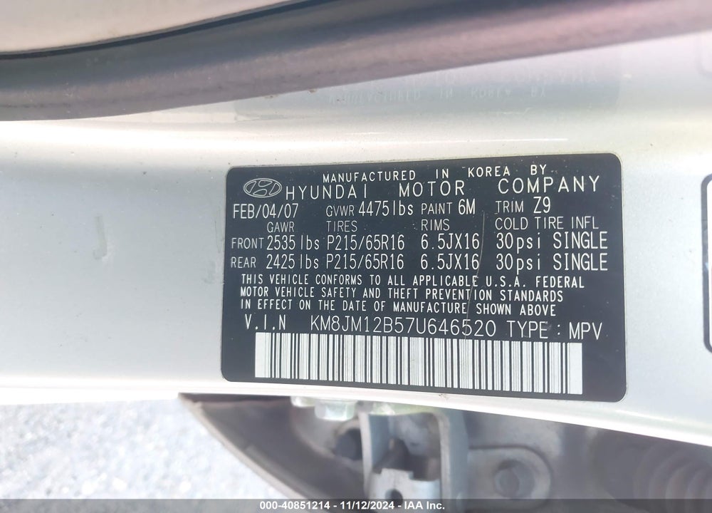2007 HYUNDAI TUCSON GLS VIN: KM8JM12B57U646520