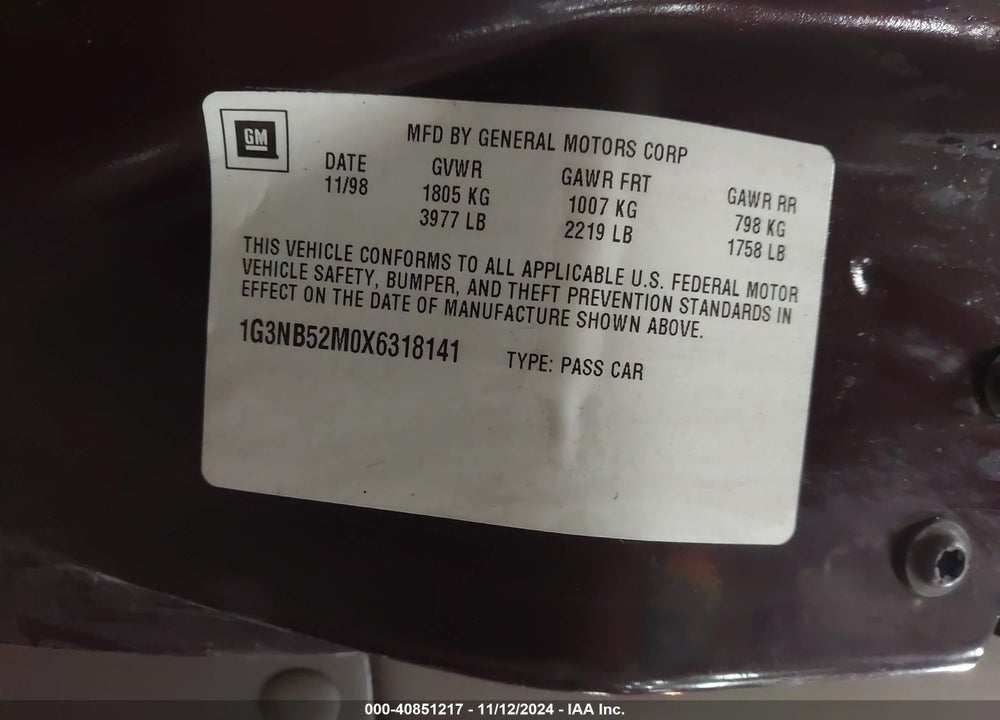 1999 OLDSMOBILE CUTLASS GL VIN: 1G3NB52M0X6318141