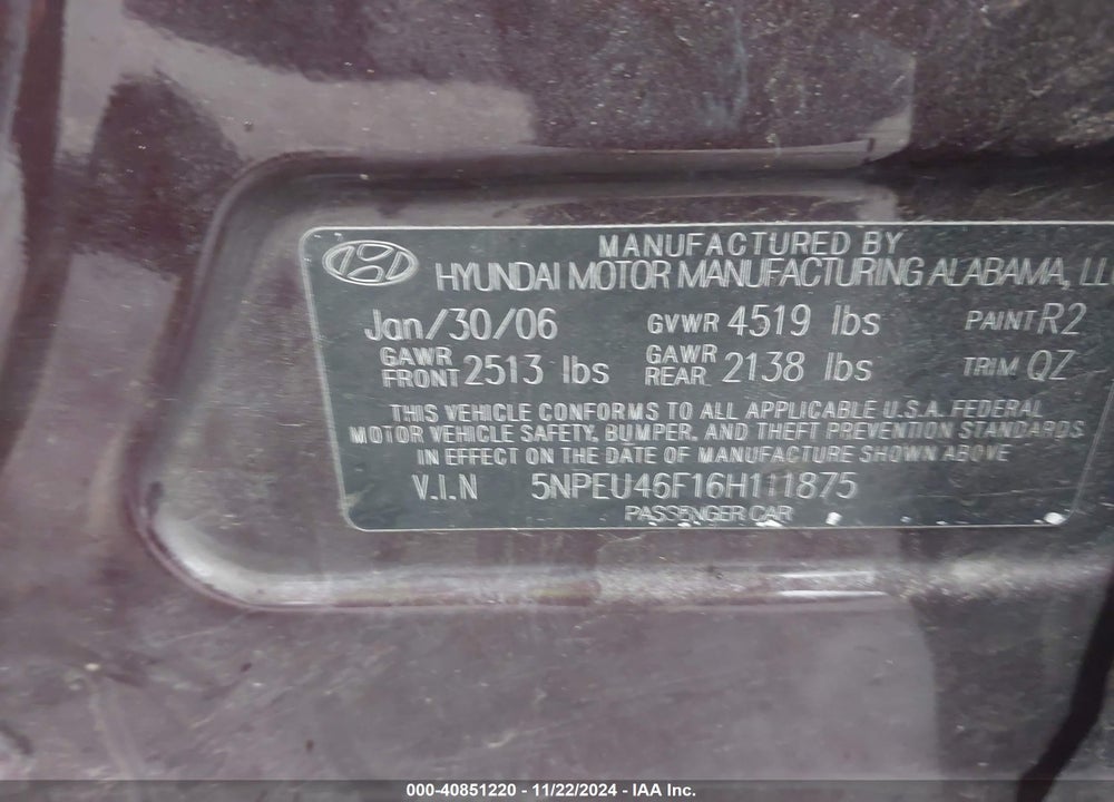 2006 HYUNDAI SONATA GLS V6/LX V6 VIN: 5NPEU46F16H111875