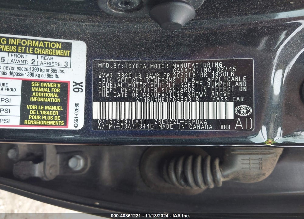 2015 TOYOTA COROLLA L VIN: 2T1BURHE1FC369319