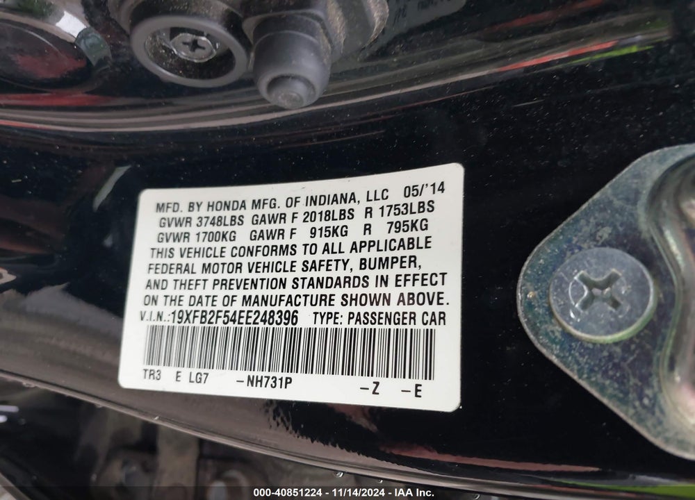 2014 HONDA CIVIC VIN: 19XFB2F54EE248396