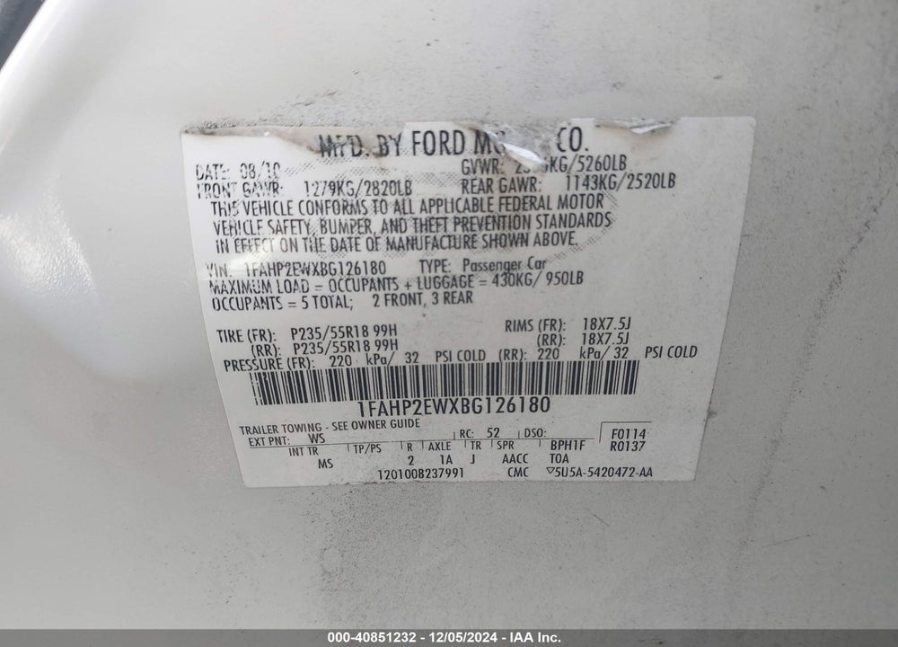 2011 FORD TAURUS SEL VIN: 1FAHP2EWXBG126180
