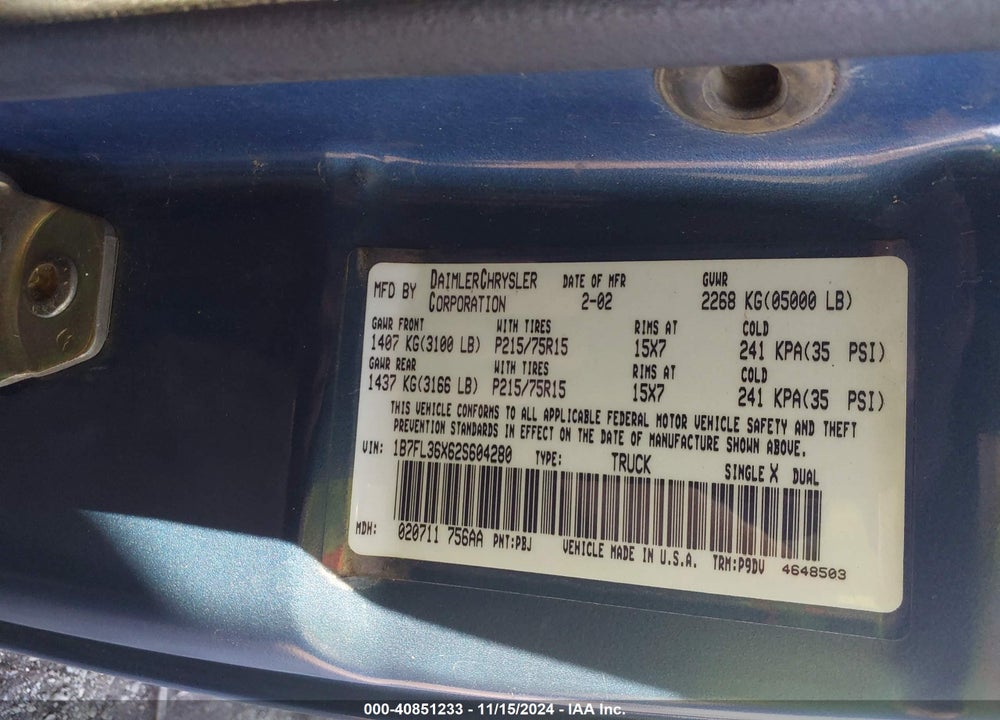 2002 DODGE DAKOTA SPORT VIN: 1B7FL36X62S604280