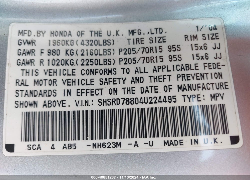 2004 HONDA CR-V EX VIN: SHSRD78804U224495