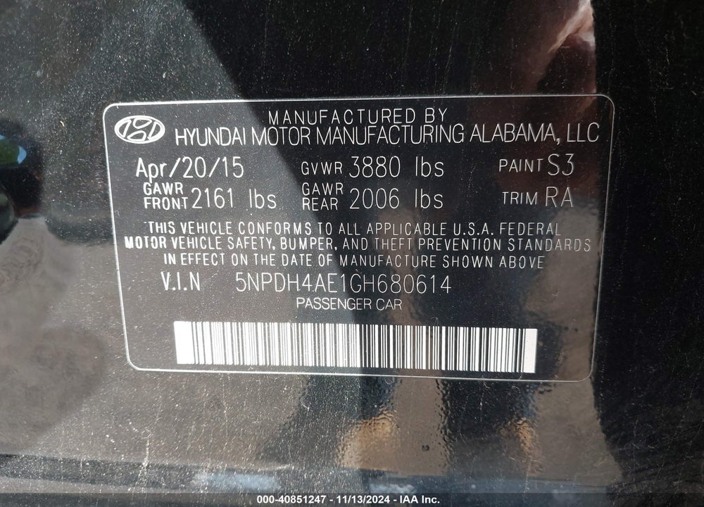 2016 HYUNDAI ELANTRA SE VIN: 5NPDH4AE1GH680614