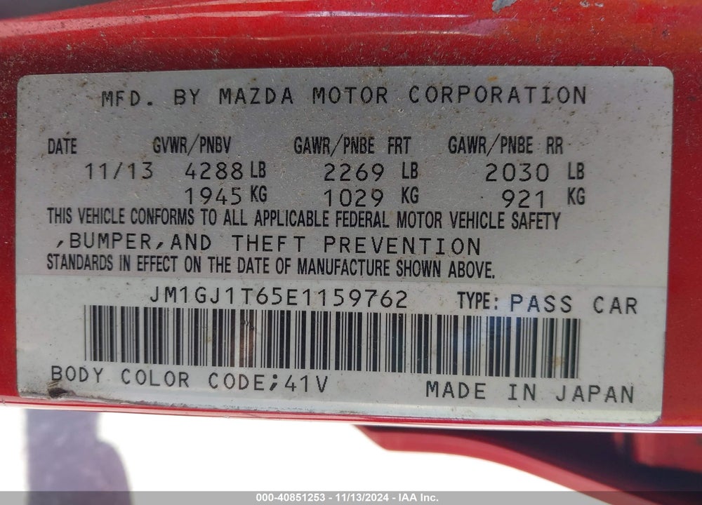 2014 MAZDA 6 I TOURING VIN: JM1GJ1T65E1159762