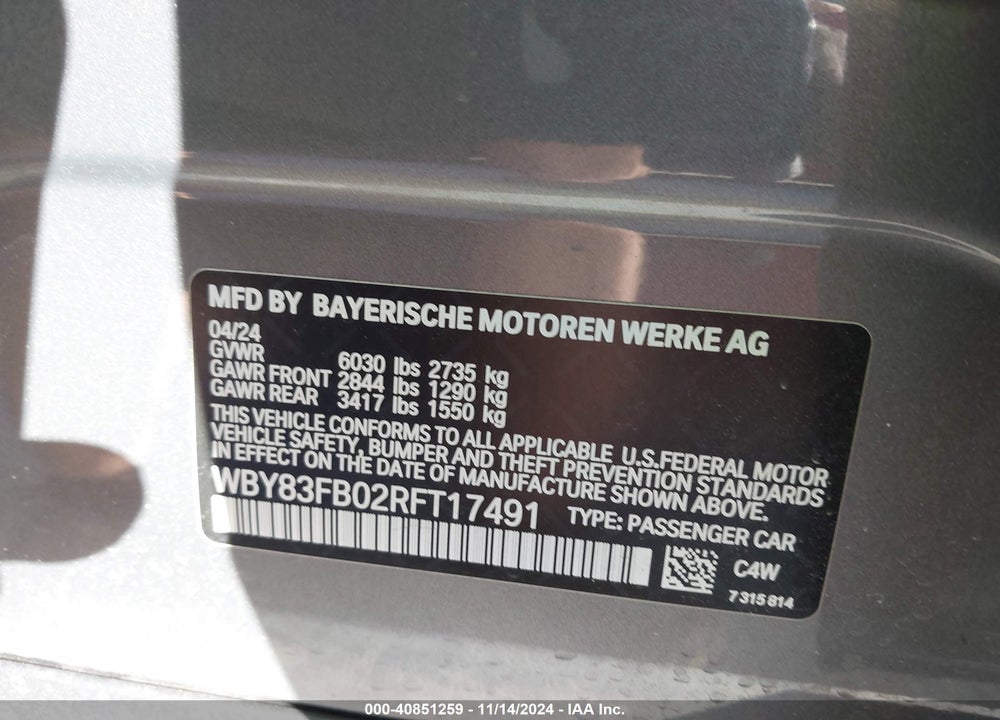 2024 BMW I4 XDRIVE40 VIN: WBY83FB02RFT17491