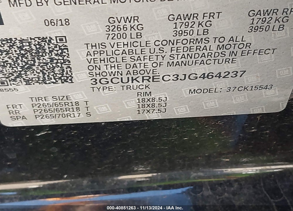 2018 CHEVROLET SILVERADO 1500 2LT VIN: 3GCUKREC3JG464237