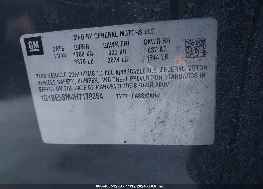 2017 CHEVROLET CRUZE LT AUTO VIN: 1G1BE5SM4H7178254