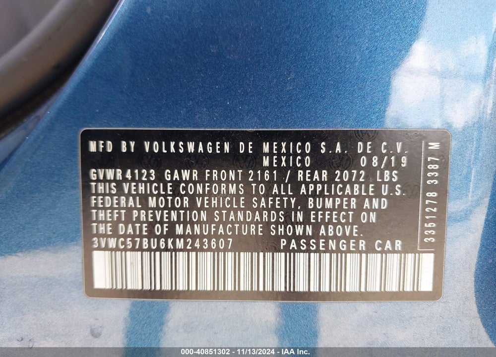 2019 VOLKSWAGEN JETTA 1.4T R-LINE/1.4T S/1.4T SE VIN: 3VWC57BU6KM243607