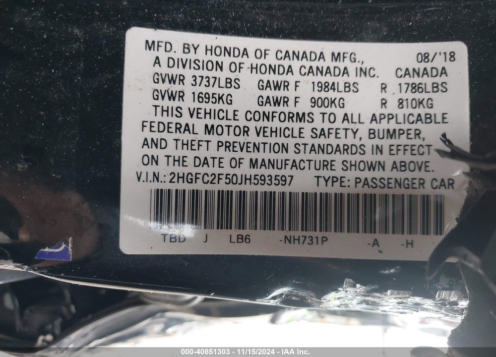 2018 HONDA CIVIC LX VIN: 2HGFC2F50JH593597