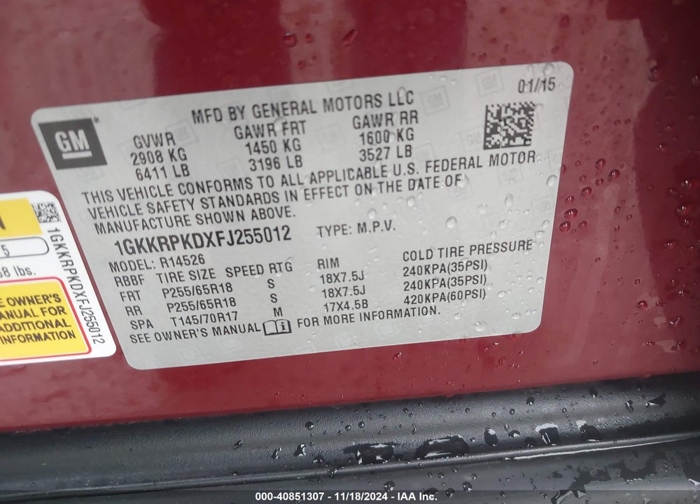 2015 GMC ACADIA SLE-2 VIN: 1GKKRPKDXFJ255012