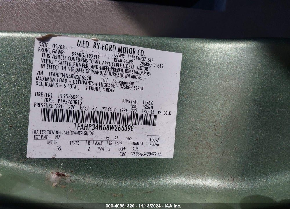 2008 FORD FOCUS S VIN: 1FAHP34N68W266398
