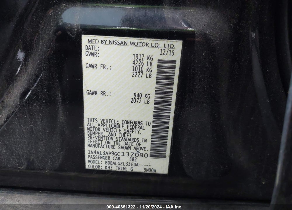 2016 NISSAN ALTIMA VIN: 1N4AL3AP9GC137090