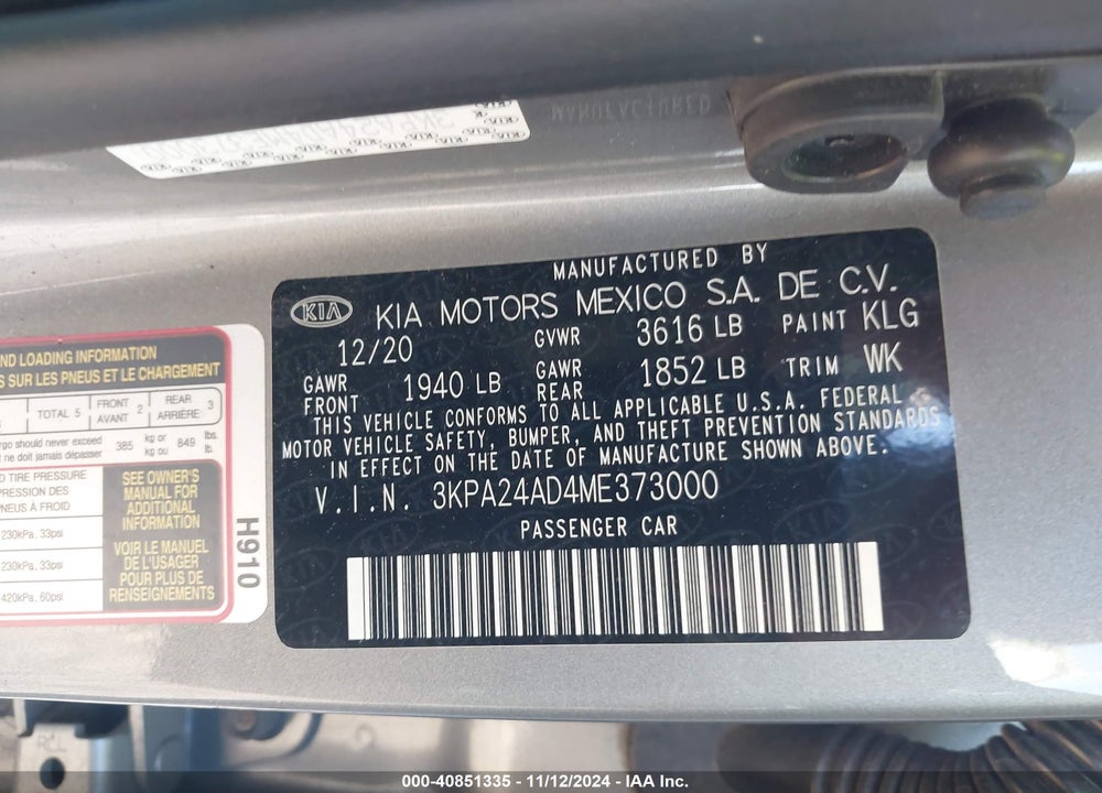 2021 KIA RIO VIN: 3KPA24AD4ME373000