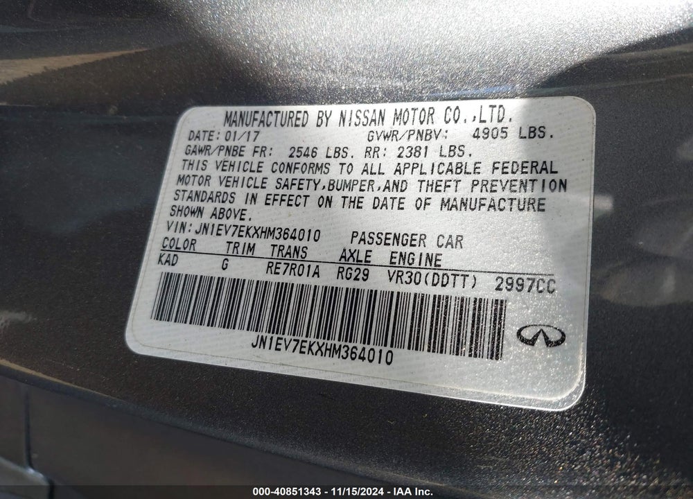 2017 INFINITI Q60 3.0T PREMIUM VIN: JN1EV7EKXHM364010