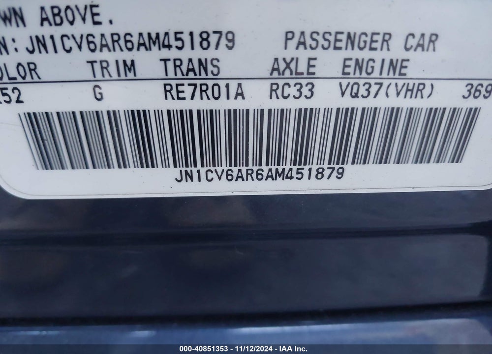2010 INFINITI G37X VIN: JN1CV6AR6AM451879
