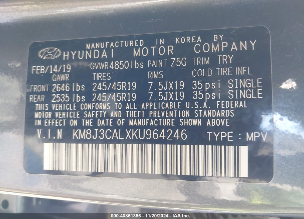 2019 HYUNDAI TUCSON NIGHT VIN: KM8J3CALXKU964246