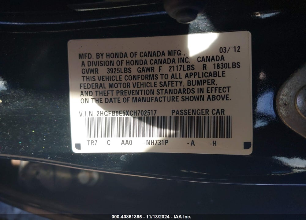 2012 HONDA CIVIC SI VIN: 2HGFB6E5XCH702517