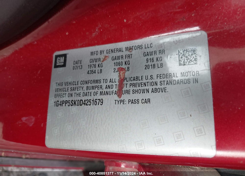 2013 BUICK VERANO VIN: 1G4PP5SK0D4251679