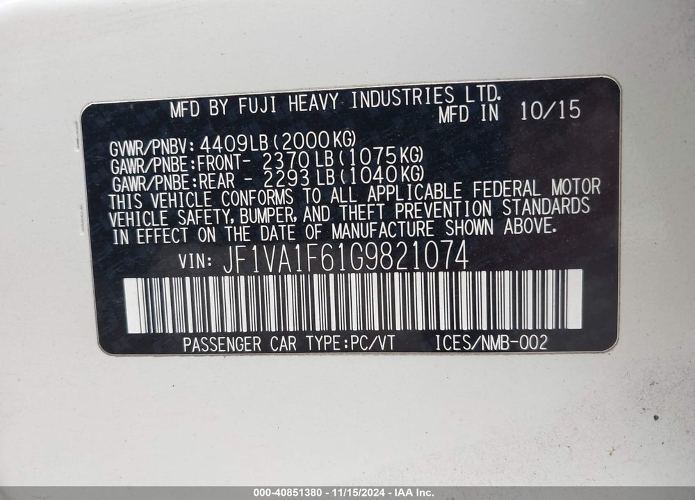 2016 SUBARU WRX PREMIUM VIN: JF1VA1F61G9821074
