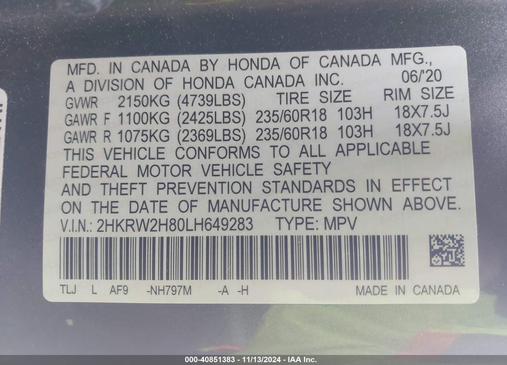 2020 HONDA CR-V AWD EX-L VIN: 2HKRW2H80LH649283