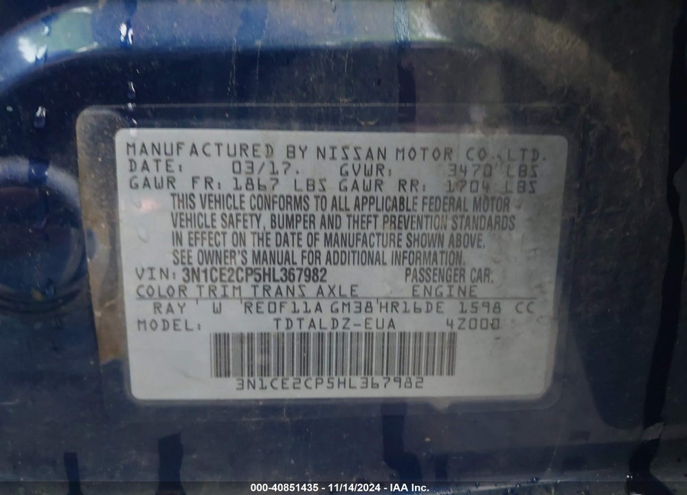 2017 NISSAN VERSA NOTE SV VIN: 3N1CE2CP5HL367982