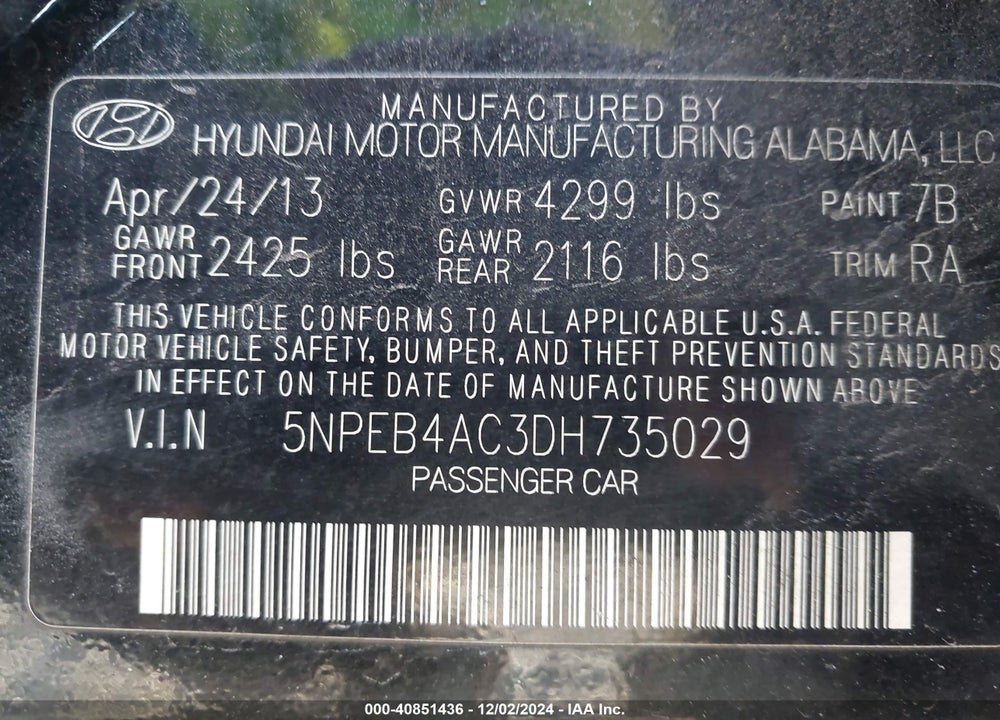2013 HYUNDAI SONATA GLS VIN: 5NPEB4AC3DH735029