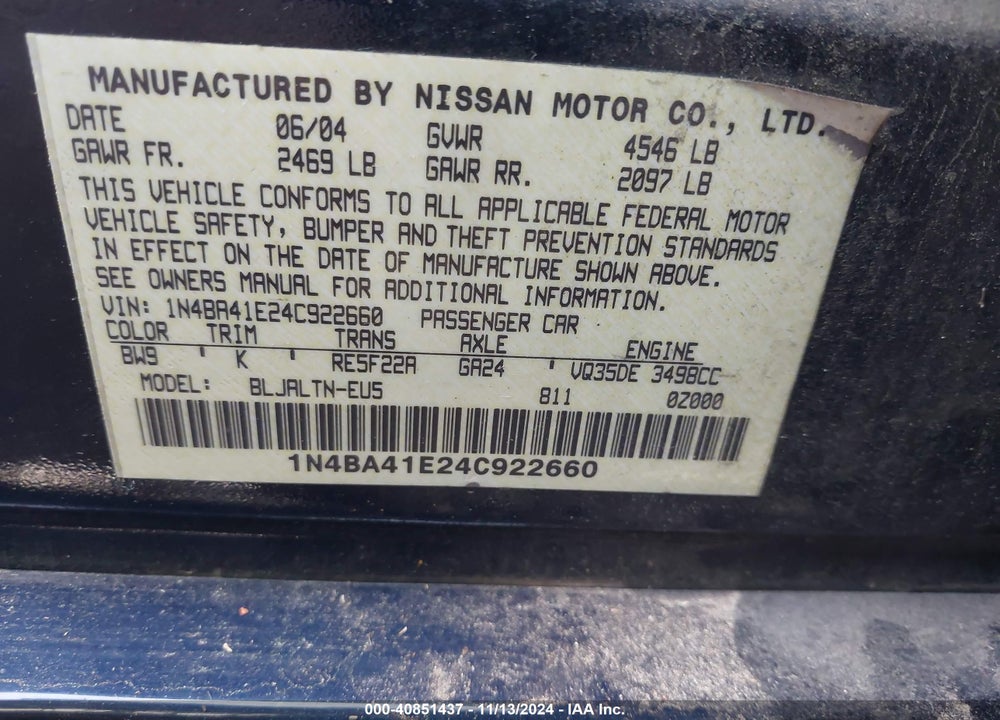 2004 NISSAN MAXIMA 3.5 SE VIN: 1N4BA41E24C922660