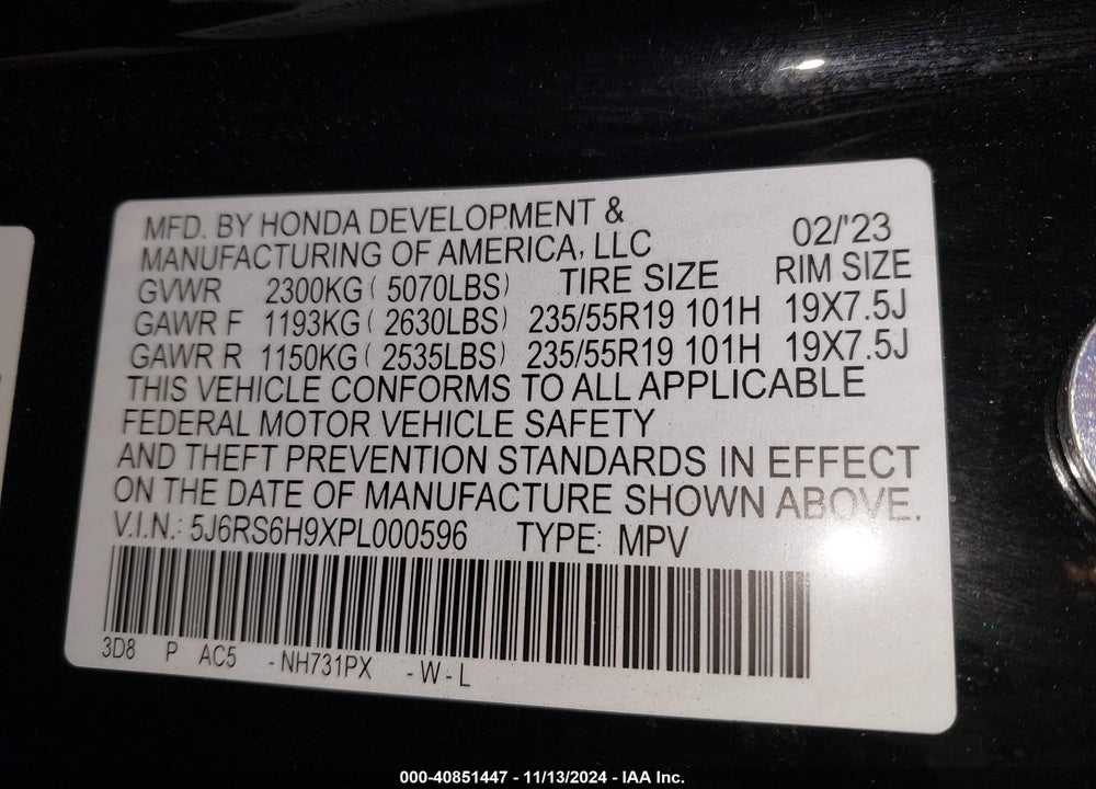2023 HONDA CR-V HYBRID SPORT TOURING VIN: 5J6RS6H9XPL000596
