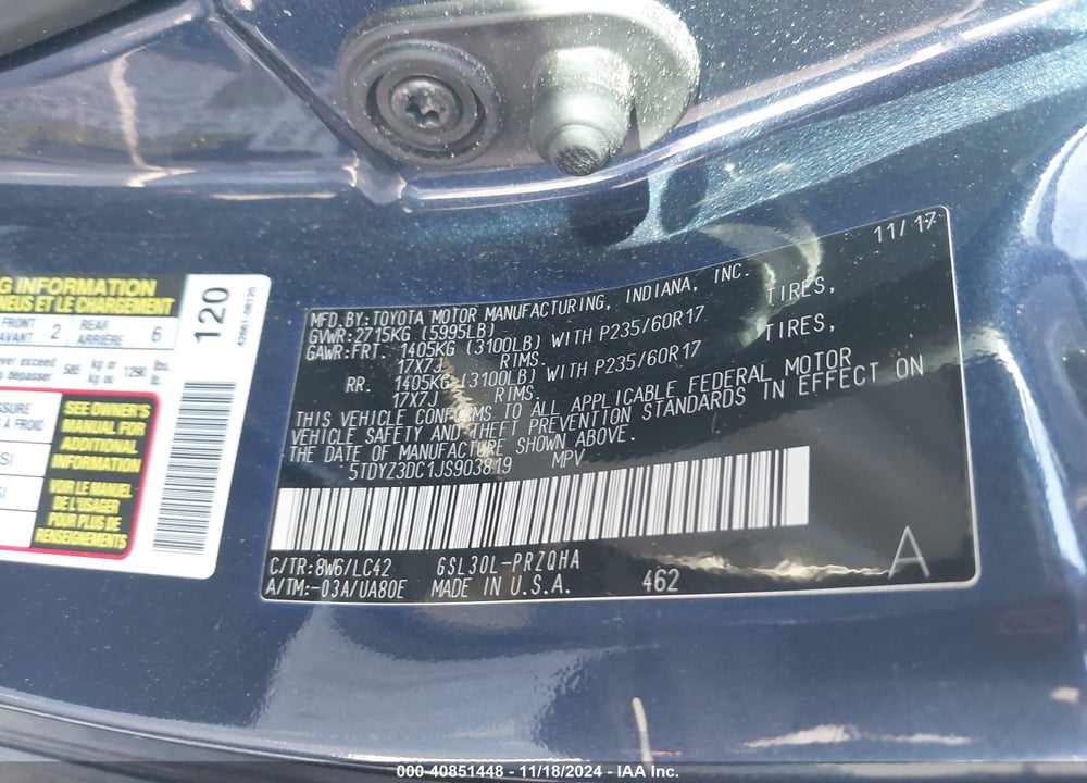 2018 TOYOTA SIENNA XLE/XLE PREMIUM/LIMITED/LIMITED PREMIUM VIN: 5TDYZ3DC1JS903819