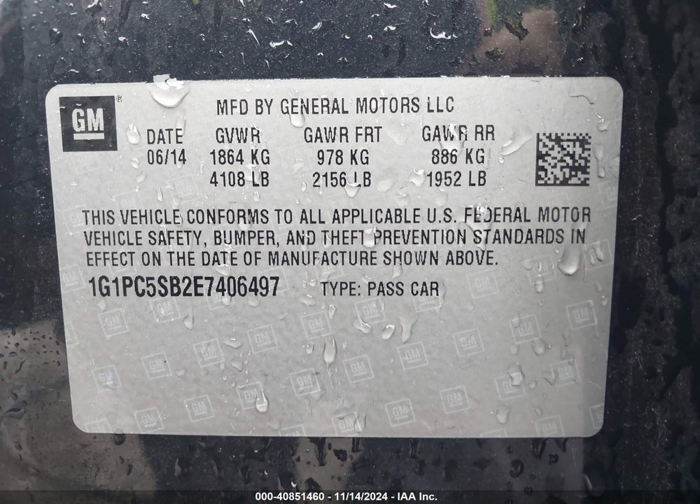 2014 CHEVROLET CRUZE 1LT AUTO VIN: 1G1PC5SB2E7406497