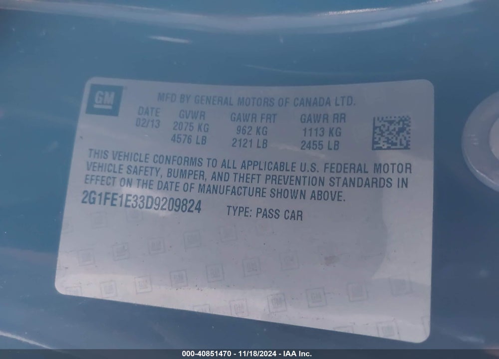 2013 CHEVROLET CAMARO 1LS VIN: 2G1FE1E33D9209824