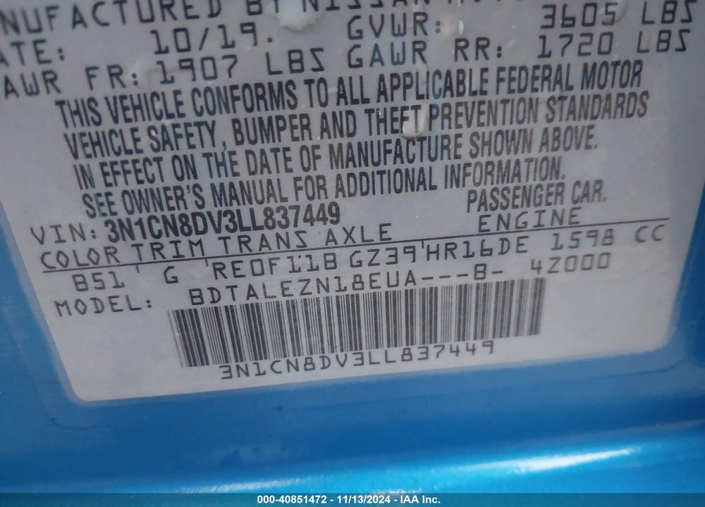 2020 NISSAN VERSA S XTRONIC CVT VIN: 3N1CN8DV3LL837449