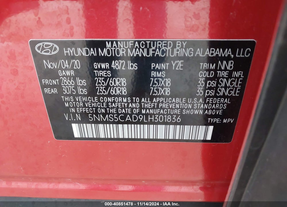 2020 HYUNDAI SANTA FE LIMITED VIN: 5NMS5CAD9LH301836