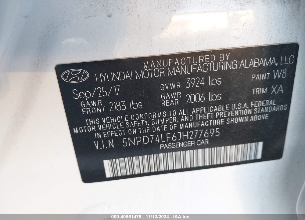 2018 HYUNDAI ELANTRA SE VIN: 5NPD74LF6JH277695